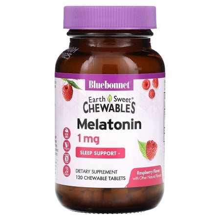 Bluebonnet Nutrition Earth Sweet® Chewables, Melatonin, Raspberry, 1 mg, 120 Chewable Tablets