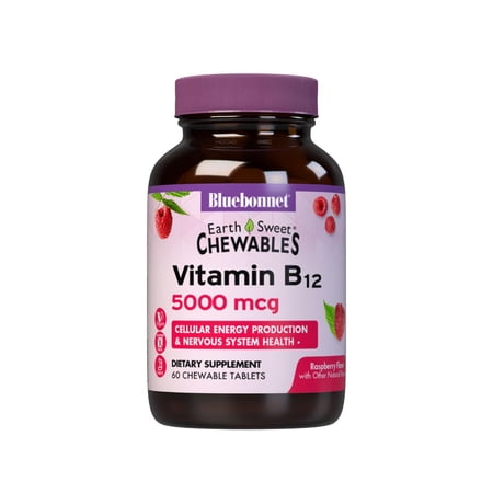 BlueBonnet EarthSweet Vitamin B12 5000 mcg - 60 Raspberry Chewable Tablets, 60 Days