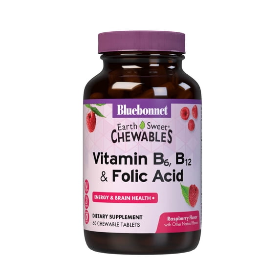 Bluebonnet EarthSweet Vitamin B6, B12, Plus Folic Acid, Vegetarian, 60 Raspberry Chewables
