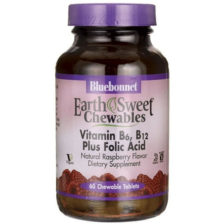 Bluebonnet Nutrition Earthsweet Vitamin B6, B12, plus Folic Acid Chewables, Natural Raspberry, 60 Ct