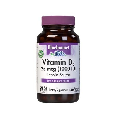 Bluebonnet Vitamin D3 1000 IU 25 mcg - Strong Bones & Immune Support* - 180 Veggie Caps