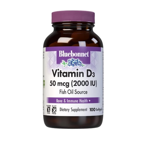 Bluebonnet Nutrition Vitamin D3 2000 IU Vegetable Capsules, 100 Count