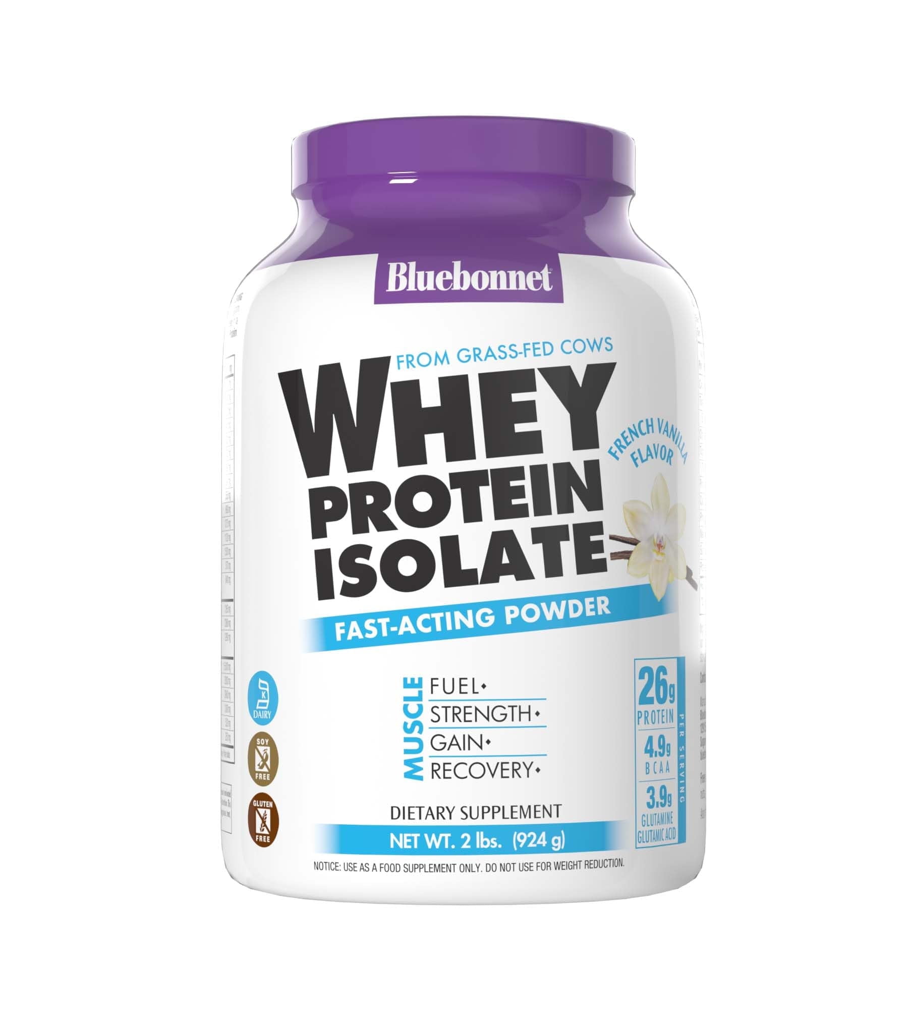 Bluebonnet Whey Protein Isolate Powder 26g From Grass Fed Cows, French Vanilla, 2 lbs