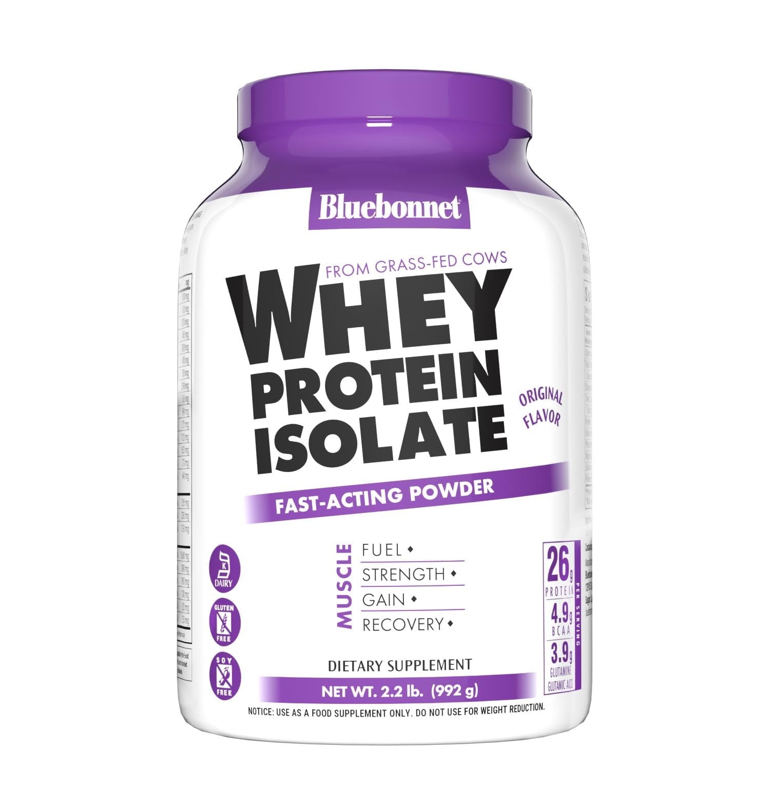Bluebonnet Whey Protein Isolate Powder 26g From Grass Fed Cows, No Sugar Added, 2.2 lbs