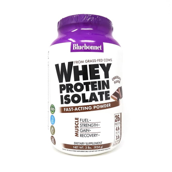Bluebonnet Whey Protein Isolate Powder 26g From Grass Fed Cows, Chocolate, 2 lb