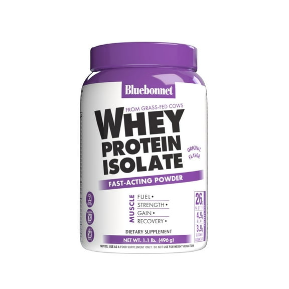 Bluebonnet Whey Protein Isolate Powder 26g From Grass Fed Cows, No Sugar Added, 1.1 lbs