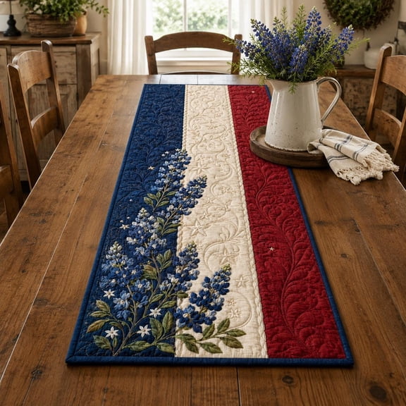 Bluebonnet Quilted Table Runner, Texas Americana Decor, Red White Blue Patchwork Mat