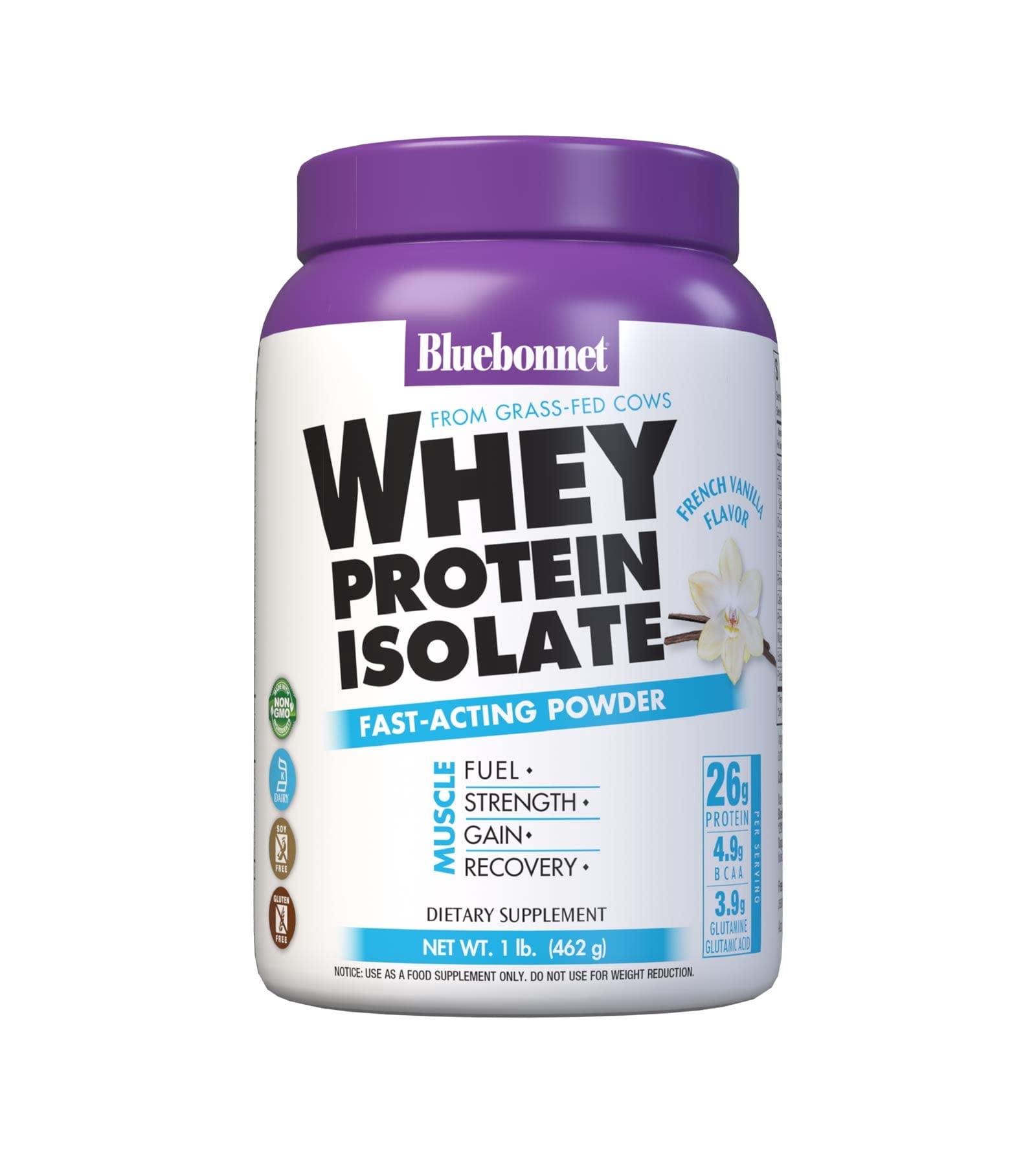 Bluebonnet Whey Protein Isolate Powder 26g From Grass Fed Cows, Vanilla, 1 lb