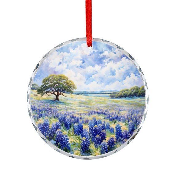 Bluebonnets Field Glass Ornament for Xmas Tree Watercolor Wild Lupines Flower Nature Round Shaped Glass Ornament