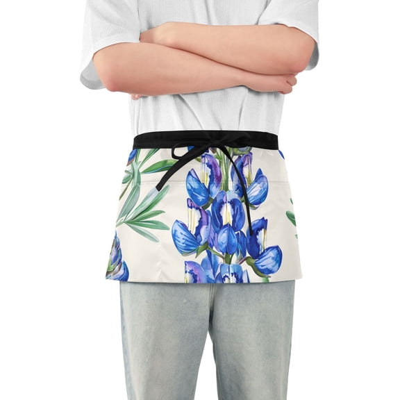 Bluebonnets Watercolor Short Server Apron with 3 Pockets for Unisex Chef Gardening