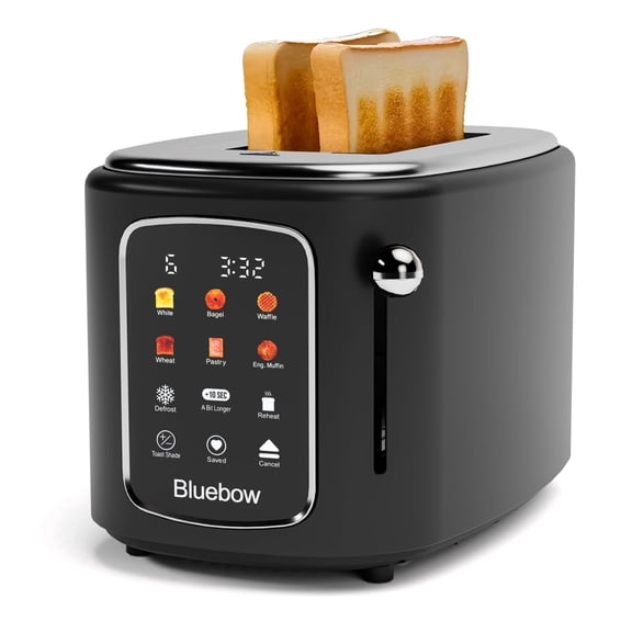 Bluebow 2-Slice Toaster, 1.5" Wide Slots, Touchscreen with 6 Bread Types & Shade Settings, Reheat, Defrost, Saved, Removable Tray, Black