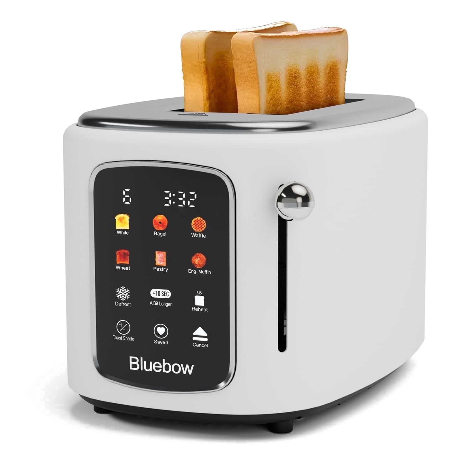 Bluebow 2-Slice Toaster, 1.5" Wide Slots, Touchscreen with 6 Bread Types & Shade Settings, Reheat, Defrost, Saved, Removable Tray, White