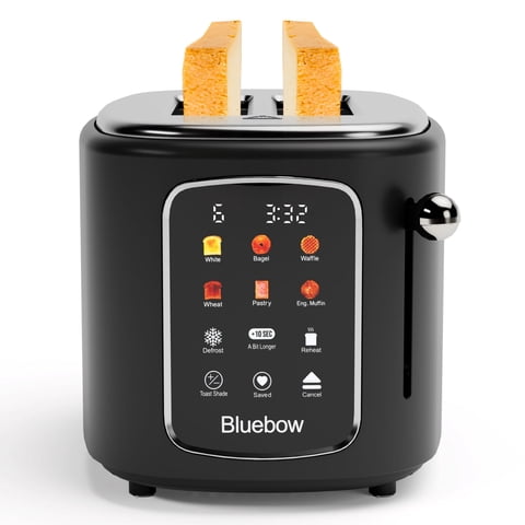 Bluebow 2-Slice Toaster with Touchscreen, 1.5" Wide Slots, 6 Bread Types & Shade Settings, Reheat, Defrost, Cancel, Removable Tray