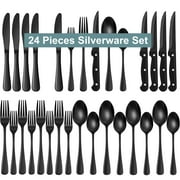 Bluebow 24-Piece Black Silverware Set with Steak Knives, Flatware Cutlery Set for 4, Food-Grade Stainless Steel Kitchen Tableware Set