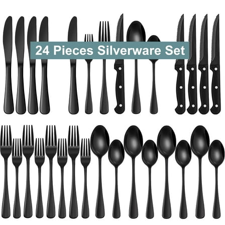 Bluebow 24-Piece Black Silverware Set with Steak Knives, Flatware Cutlery Set for 4, Food-Grade Stainless Steel Kitchen Tableware Set