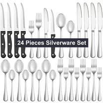 Bluebow 24-Piece  Silverware Set with Steak Knives, Flatware Cutlery Set for 4, Food-Grade Stainless Steel Kitchen Tableware Set