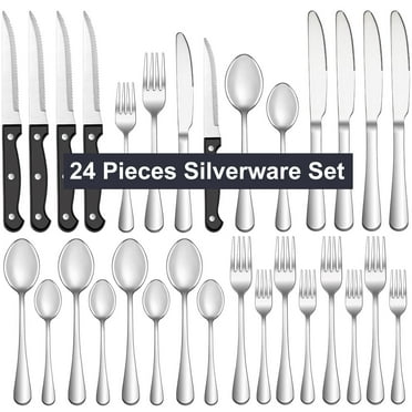 Bluebow 24-Piece  Silverware Set with Steak Knives, Flatware Cutlery Set for 4, Food-Grade Stainless Steel Kitchen Tableware Set