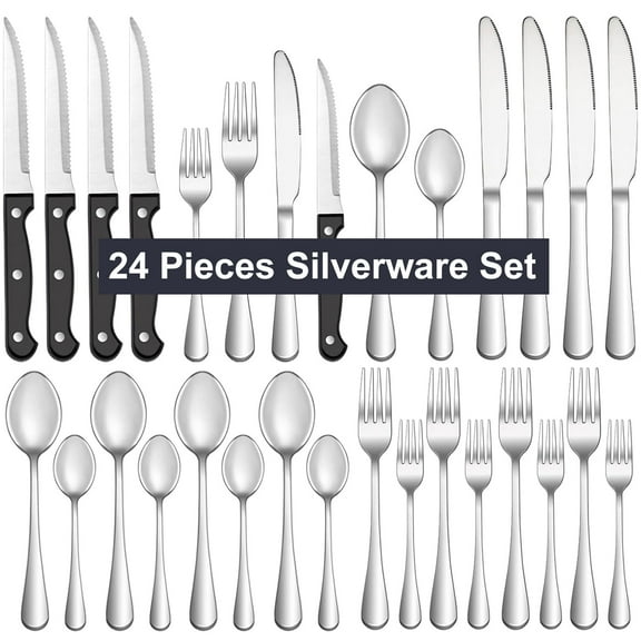 Bluebow 24-Piece  Silverware Set with Steak Knives, Flatware Cutlery Set for 4, Food-Grade Stainless Steel Kitchen Tableware Set