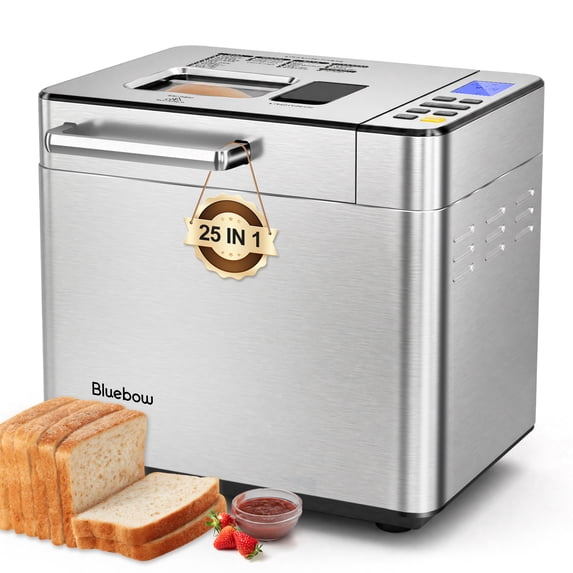 Bluebow 25-in-1 Automatic Bread Maker Machine, 2LB Bread Making Machine with Auto Fruit & Nut Dispenser, Gluten-Free Setting, 13-Hour Delay Timer, 1-Hour Keep Warm for Homemade Bread, Stainless Steel