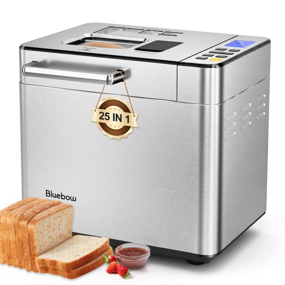 Bluebow 25-in-1 Automatic Bread Maker Machine, 2LB Bread Making Machine with Auto Fruit & Nut Dispenser, Gluten-Free Setting, 13-Hour Delay Timer, 1-Hour Keep Warm for Homemade Bread, Stainless Steel