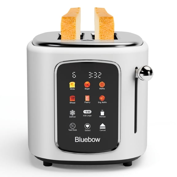 Bluebow 2-Slice Toaster with Touchscreen, 1.5" Wide Slots, 6 Bread Types & Shade Settings, Reheat, Defrost, Cancel, Removable Tray