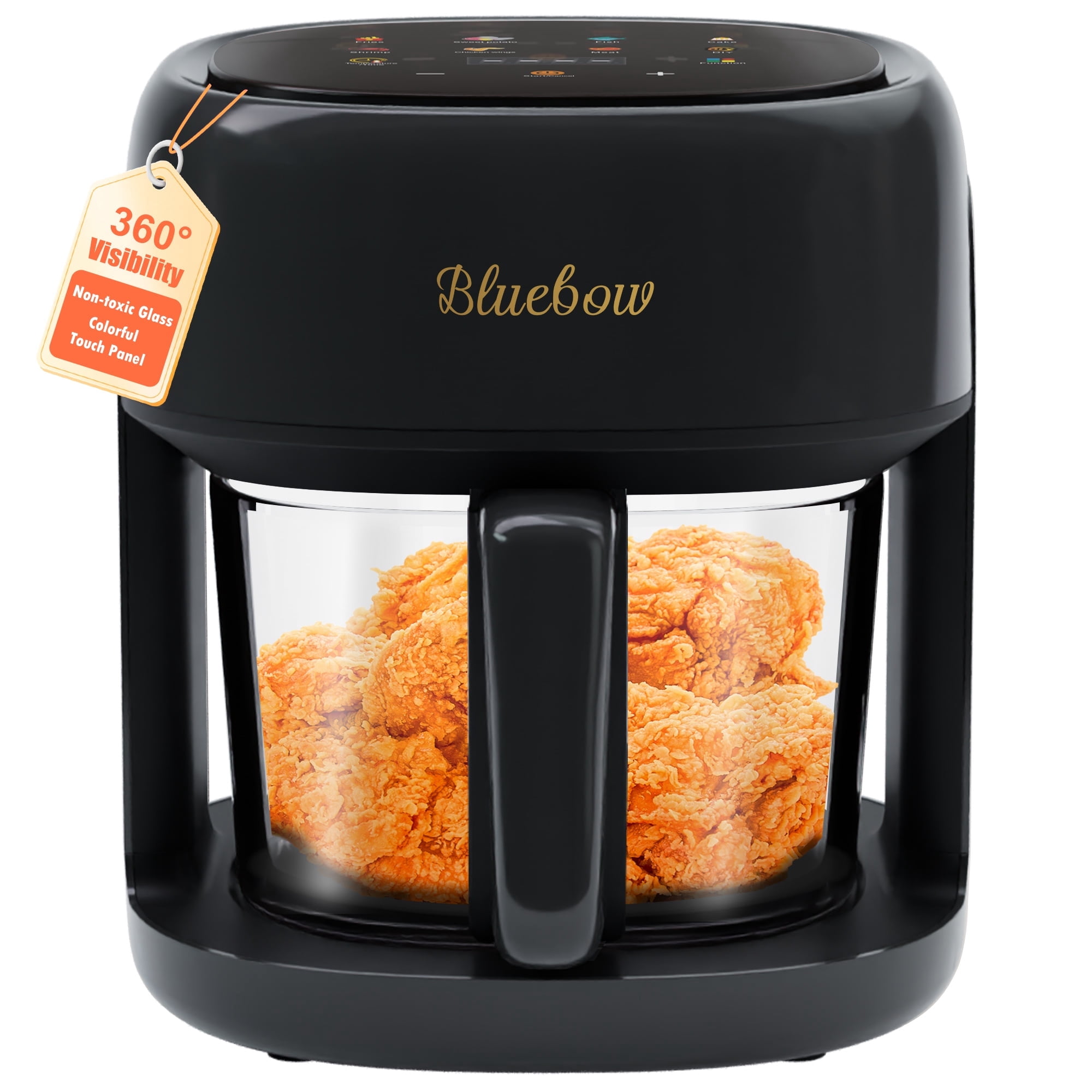 Bluebow 5 Quart Air Fryer with 360° Viewing Glass Pot, 8-in-1 Digital Touchscreen, Nonstick & Dishwasher Safe Basket, Less Oil, 1350W (Black)