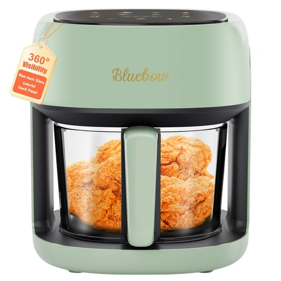 Bluebow 5 Quart Air Fryer with 360° Viewing Glass Pot, 8-in-1 Digital Touchscreen, Nonstick & Dishwasher Safe Basket, Less Oil, 1350W (Green)