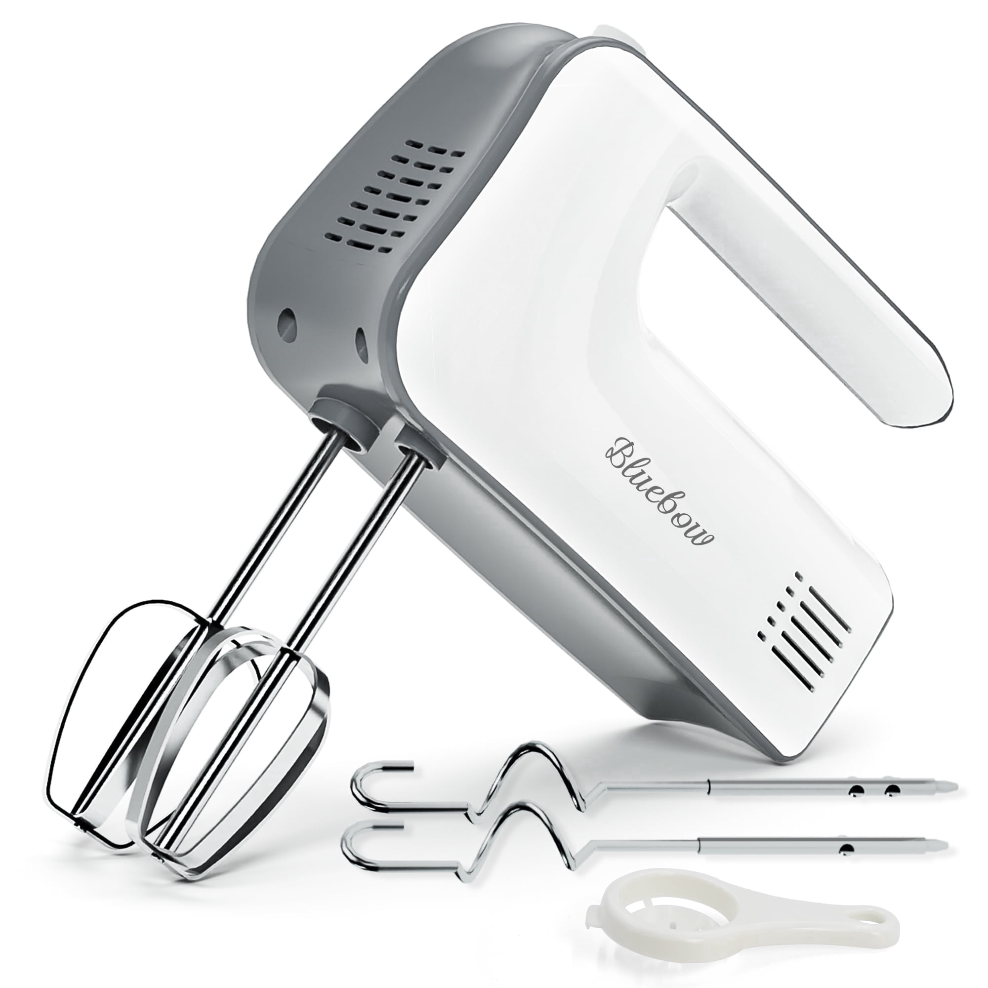 5-Speed Electric Hand Mixer, Kitchen Handheld Mixer with Stainless Steel Whisk & Dough Hook Attachments, White