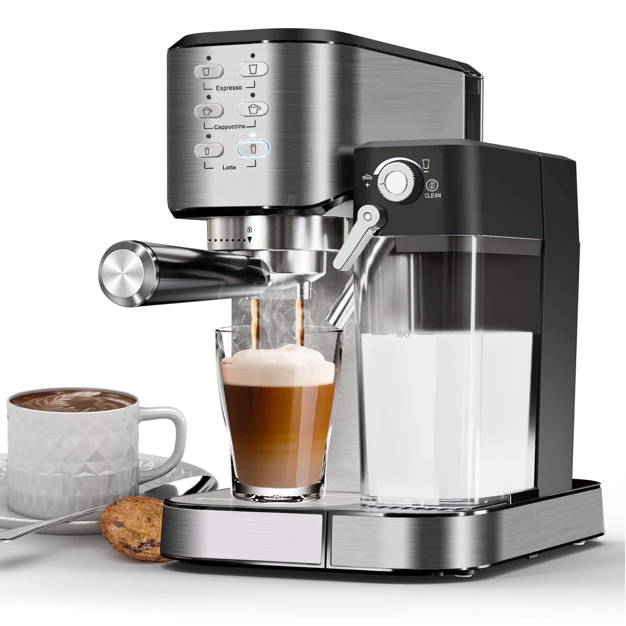 Bluebow 6 in 1 Espresso Machine 20 BAR Cappuccino Latte Machine with Built In Milk Frother One Touch Single or Double Shot 1350W Stainless Steel