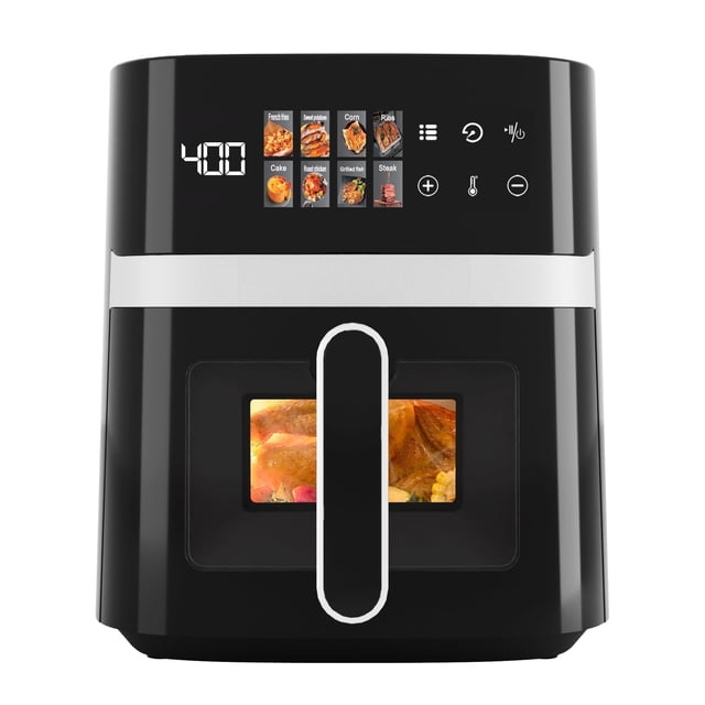 Bluebow 6QT Air Fryer, 8-in-1 Electric Hot Oven with Digital LED Touchscreen, Visible Window, 1500W, New, Black