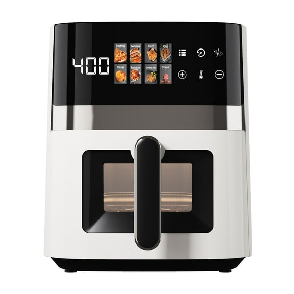 Bluebow 6QT Air Fryer, 8-in-1 Electric Hot Oven with Digital LED Touchscreen, Visible Window, 1500W, New, White