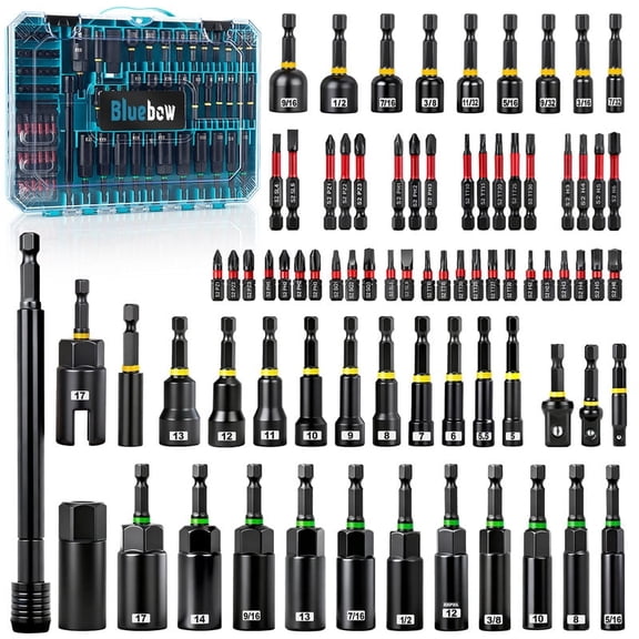Bluebow 80PCS Magnetic Impact Nut Driver Set Metric SAE 1 4 Hex Quick Change Drill Bits with Storage Case