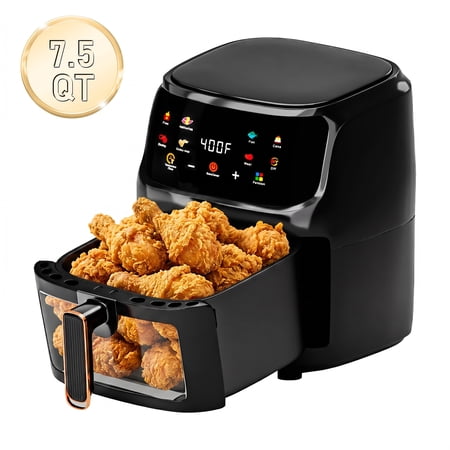 Bluebow Air Fryer, 7.5 Quart Large Capacity, 8-in-1 Multifunctional Cooker with Digital Touchscreen, Easy-View Window, Non-Stick Basket, Black