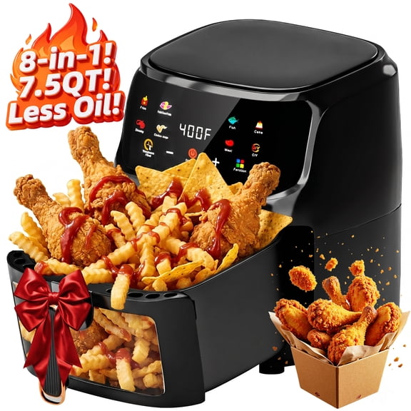 Bluebow Air Fryer, 7.5 Quart Large Capacity, 8-in-1 Multifunctional Cooker with Digital Touchscreen, Easy-View Window, Non-Stick Basket, Black