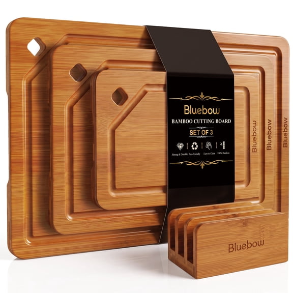 Bluebow Cutting Board Set of 3, Bamboo Chopping Board with Holder, Cutting Boards 3-Pieces Set with Juice Groove and Handles for Home Kitchen, Reversible Charcuterie Board for Meat, Fruits