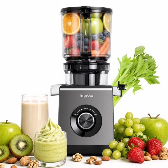 Bluebow Juicer Machines, Cold Press Juicer with 6.5" Extra Large Feed Chute, Slow Masticating Juicer Maker for Whole Vegetables and Fruits, High Juice Yield, Easy to Clean, Grey