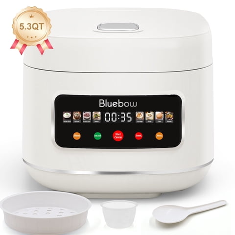 Bluebow Digital Rice Cooker, 8-Cup 5.3QT Rice Maker, 8-in-1 Smart Multi-Cooker, 24-Hour Timer & Keep Warm, Non-Stick Inner Pot, White