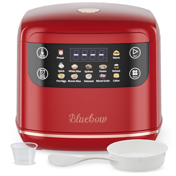 Bluebow Digital Rice Cooker, 6-Cup/2.1QT Small Rice Maker, 10 Presets, 24-Hour Delay Timer & Keep Warm, Non-Stick Inner Pot, Red
