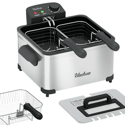 Bluebow Electric 5.3QT Deep Fryer, 1700W Immersion Fryer with 3-Baskets, Adjustable Temperature, Lid with Viewing Window, Stainless Steel