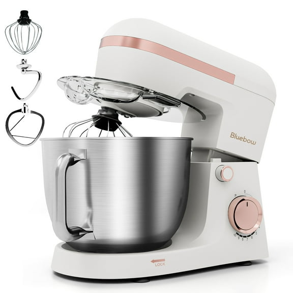 Bluebow 6.5QT Stand Mixer, 10+P Speeds Powerful Electric Kitchen Mixer with Dough Hook, Beater, Whisk, Food Mixer for Baking, Cooking, White