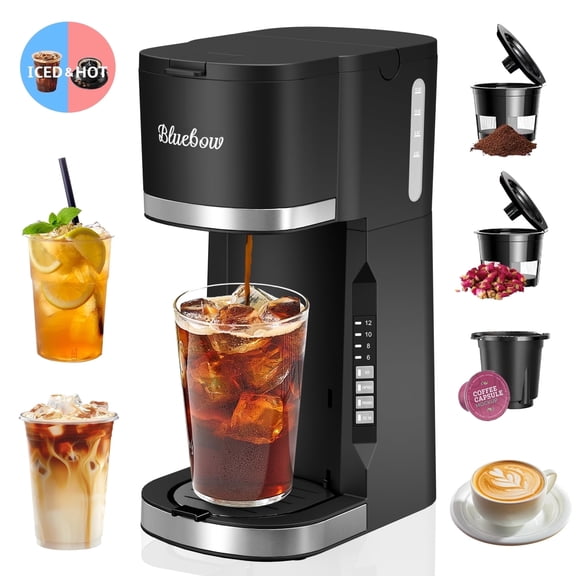 Bluebow Hot & Iced Coffee Maker, 3 in 1 Single Serve Brew for K Cup, Ground Coffee & Tea, Iced Tea Maker, 6-12oz Brew Size, Black
