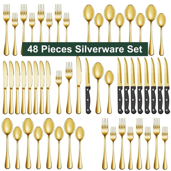 Bluebow 48-Piece Golden Silverware Set with Steak Knives, Flatware Cutlery Set for 8, Food-Grade Stainless Steel Kitchen Tableware Set
