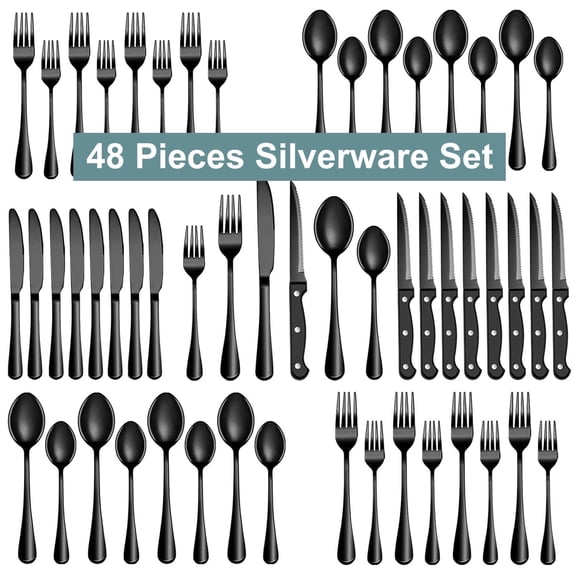 Bluebow 48-Piece Black Silverware Set with Steak Knives, Flatware Cutlery Set for 8, Food-Grade Stainless Steel Kitchen Tableware Set