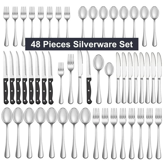 Bluebow 48-Piece  Silverware Set with Steak Knives, Flatware Cutlery Set for 8, Food-Grade Stainless Steel Kitchen Tableware Set