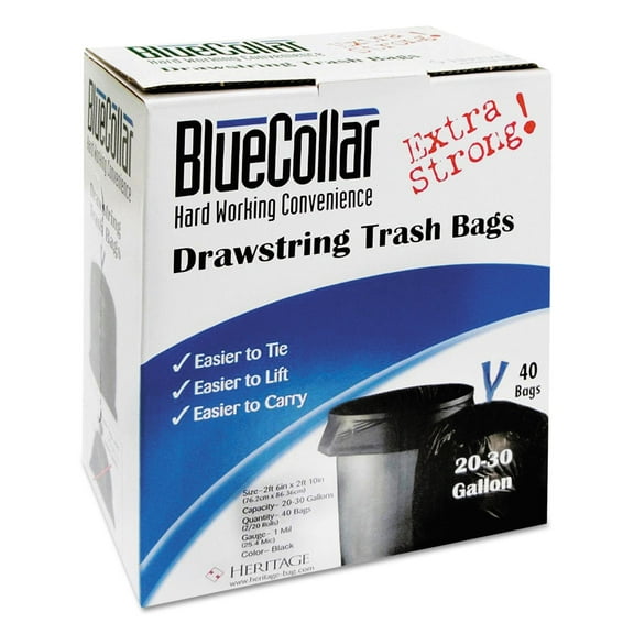 Bluecollar Drawstring Trash Bags 20-30gal 1mil 30 x 34 Black 40/Box N6034YKRC1