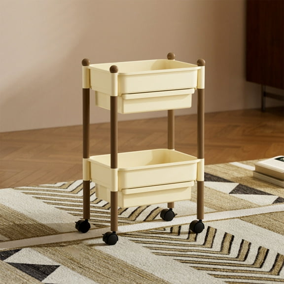 Blueek 2-Tier Rolling Storage Cart, Multi-layer Plastic Organizer with Drawers, Space-Saving Cabinet for Home Kitchen and Living Room, Beige
