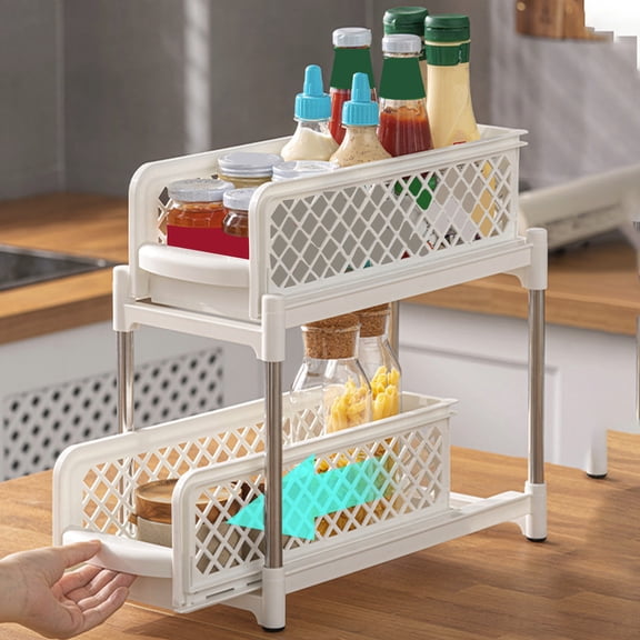 Blueek 2-Tier Sliding Shelves Organizer for Under Sink Storage, Bathroom & Kitchen Pull-Out Drawer Shelf, White/Gray Plastic Pantry Storage Solution