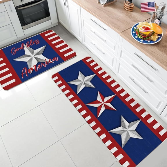 Blueek 2PCS Independence Day Kitchen Rug Set - Non Slip Patriotic Doormats, Polyester, Ideal for Entrance & Kitchen, Easy to Clean(E)