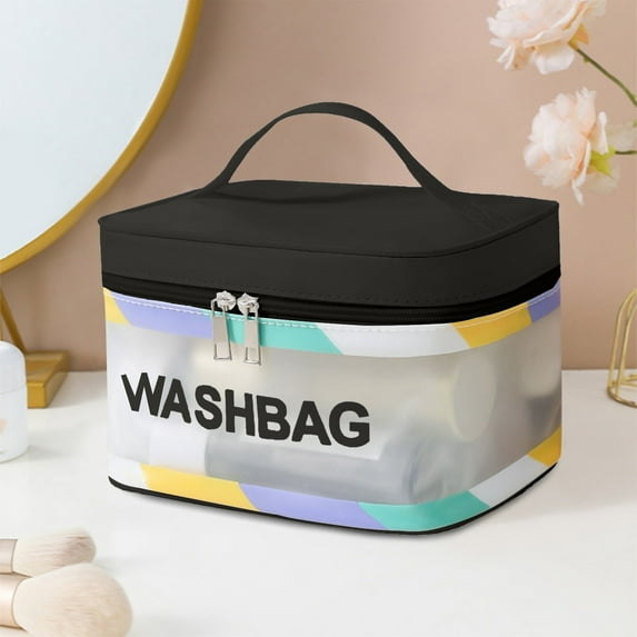 Blueek 5L Colorful PVC Makeup Bag - Waterproof, Portable Cosmetic Organizer with Handle, Ideal for Travel & Gym, Black