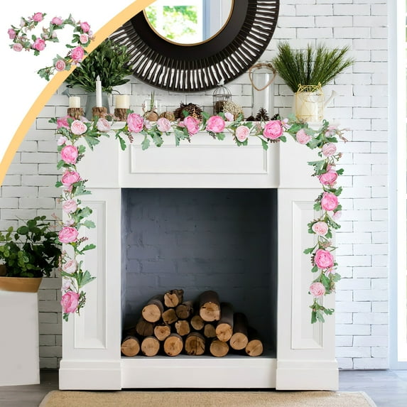 Blueek 6.5ft Artificial Rose Flower Vines for Wedding Arch - Realistic Floral Garland for Home Thanksgiving Fireplace Party Christmas(6.6ft,Pink)